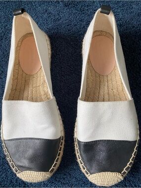 J. Crew White Canvas Espadrilles with Black Leather Toe Caps